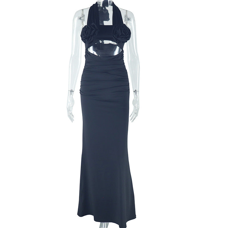 Chic Black Halter Cut-Out Maxi Gown with Rose Appliques – Your Ultimate Holiday Party & NYE Statement Piece