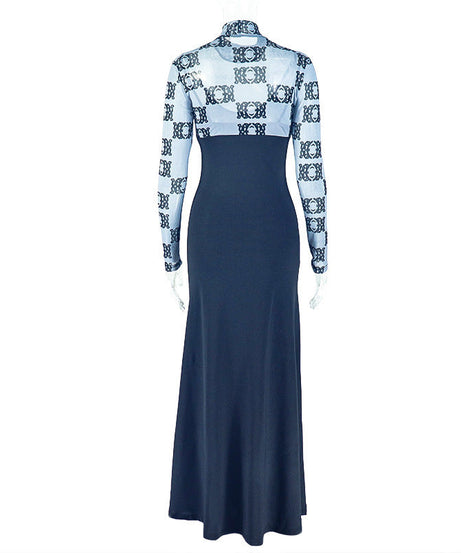 Fall Chic: Geometric Print Ruched High Neck Maxi Dress