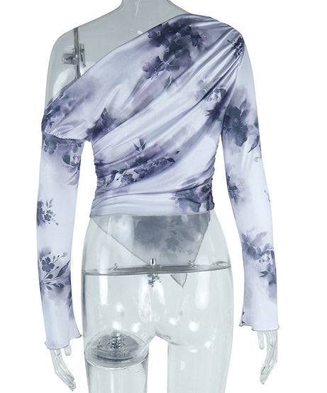 Chic Autumn Bloom One-Shoulder Asymmetrical Top | Long Sleeve Lavender Floral Blouse