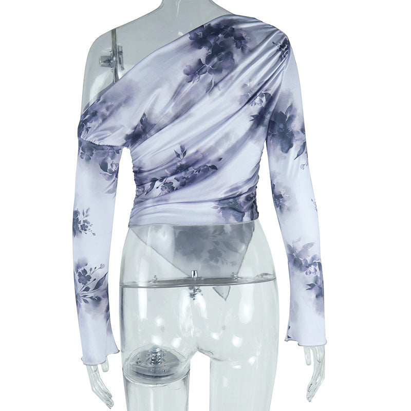 Chic Autumn Bloom One-Shoulder Asymmetrical Top | Long Sleeve Lavender Floral Blouse
