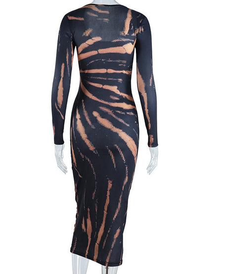 Chic Fall Statement: Long Sleeve Bleached Tiger Print Bodycon Maxi Dress
