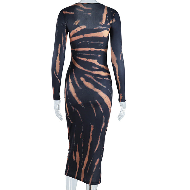 Chic Fall Statement: Long Sleeve Bleached Tiger Print Bodycon Maxi Dress