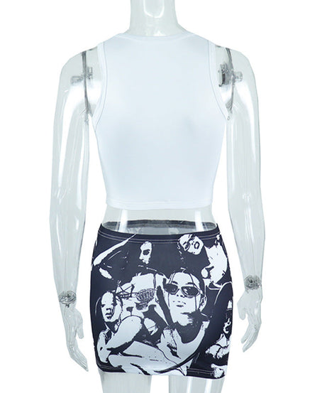 Edgy Monochrome Graphic Print Crop Top & Mini Skirt Set - Fall Statement Style
