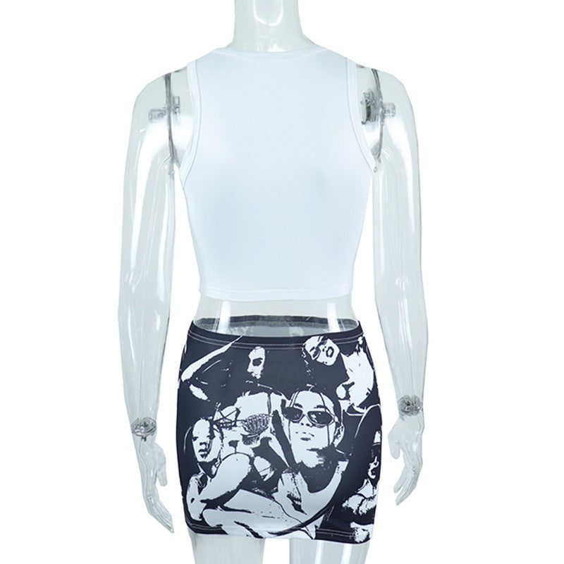 Edgy Monochrome Graphic Print Crop Top & Mini Skirt Set - Fall Statement Style