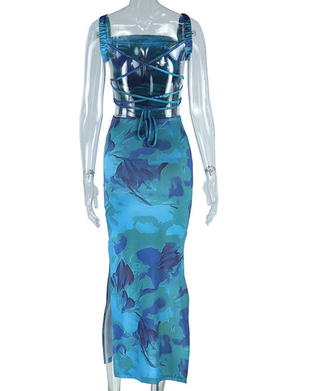 Chic Abstract Blue Ruched Maxi Dress – Square Neck, Side Slit & Backless Tie for Holiday Glam & Resort Escapes