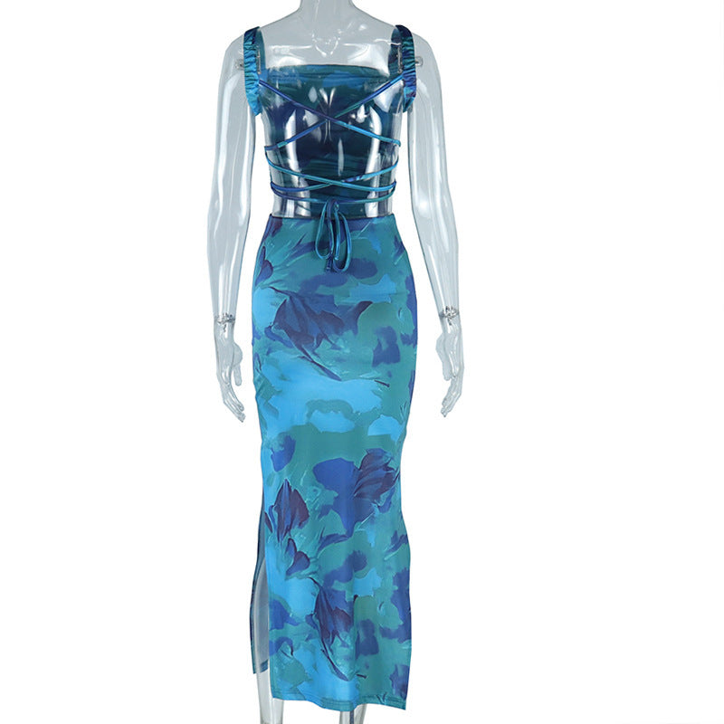 Chic Abstract Blue Ruched Maxi Dress – Square Neck, Side Slit & Backless Tie for Holiday Glam & Resort Escapes