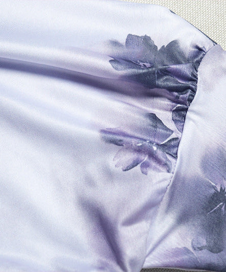 Chic Autumn Bloom One-Shoulder Asymmetrical Top | Long Sleeve Lavender Floral Blouse