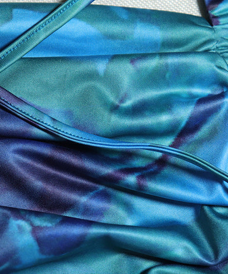 Chic Abstract Blue Ruched Maxi Dress – Square Neck, Side Slit & Backless Tie for Holiday Glam & Resort Escapes