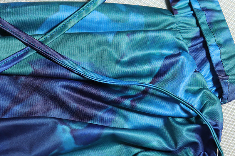 Chic Abstract Blue Ruched Maxi Dress – Square Neck, Side Slit & Backless Tie for Holiday Glam & Resort Escapes