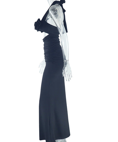 Chic Black Halter Cut-Out Maxi Gown with Rose Appliques – Your Ultimate Holiday Party & NYE Statement Piece