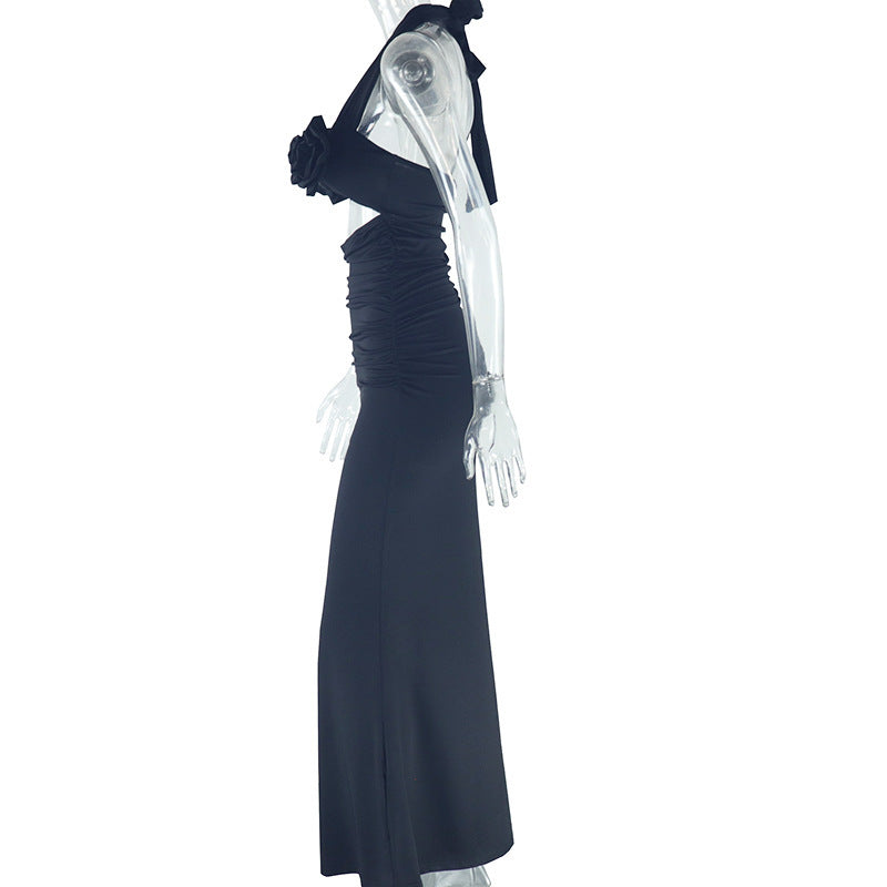 Chic Black Halter Cut-Out Maxi Gown with Rose Appliques – Your Ultimate Holiday Party & NYE Statement Piece