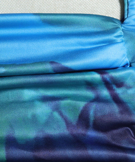 Chic Abstract Blue Ruched Maxi Dress – Square Neck, Side Slit & Backless Tie for Holiday Glam & Resort Escapes