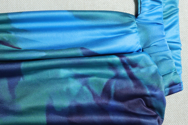 Chic Abstract Blue Ruched Maxi Dress – Square Neck, Side Slit & Backless Tie for Holiday Glam & Resort Escapes