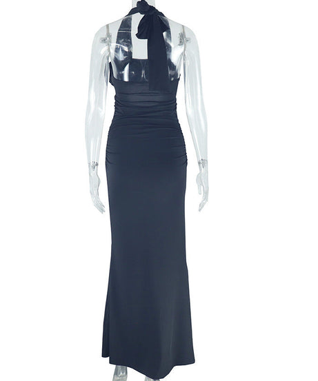 Chic Black Halter Cut-Out Maxi Gown with Rose Appliques – Your Ultimate Holiday Party & NYE Statement Piece