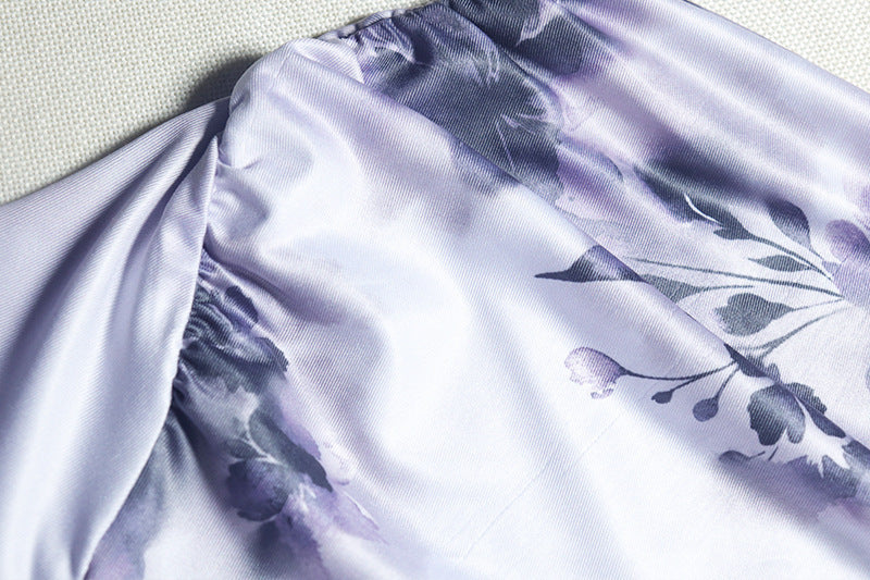 Chic Autumn Bloom One-Shoulder Asymmetrical Top | Long Sleeve Lavender Floral Blouse