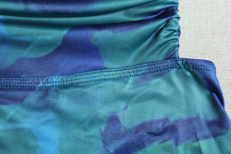 Chic Abstract Blue Ruched Maxi Dress – Square Neck, Side Slit & Backless Tie for Holiday Glam & Resort Escapes