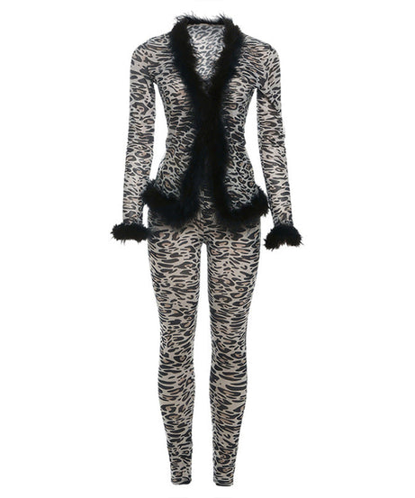 Fierce Leopard Print Mesh & Feather Two-Piece Set - Your Ultimate Halloween & Party Look