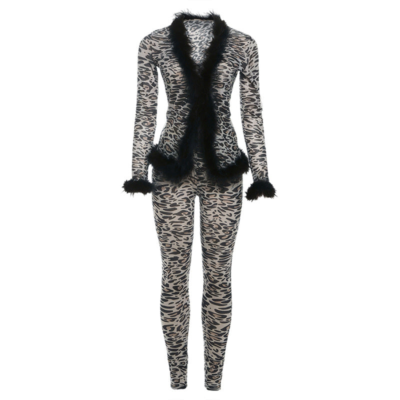 Fierce Leopard Print Mesh & Feather Two-Piece Set - Your Ultimate Halloween & Party Look