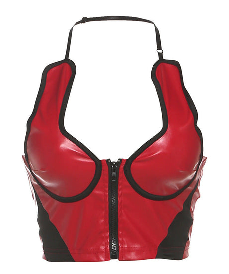 Red Hot Faux Leather Halter Crop Top - Zip-Up Edgy Party & Clubwear for Fall