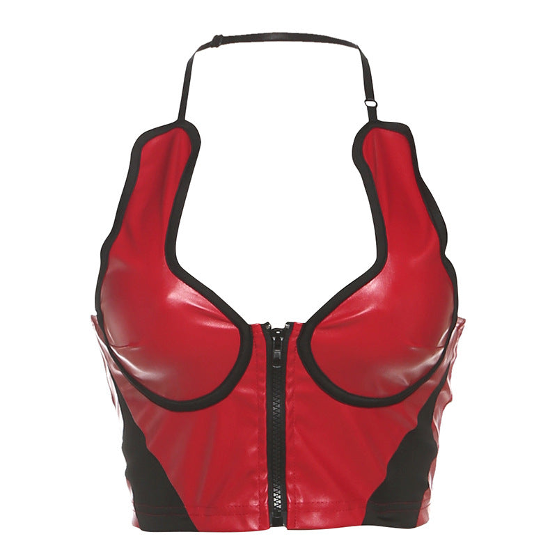 Red Hot Faux Leather Halter Crop Top - Zip-Up Edgy Party & Clubwear for Fall