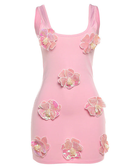 Sparkle & Bloom Pink Glitter Floral Mini Dress - Bodycon Party Glam for Fall Events