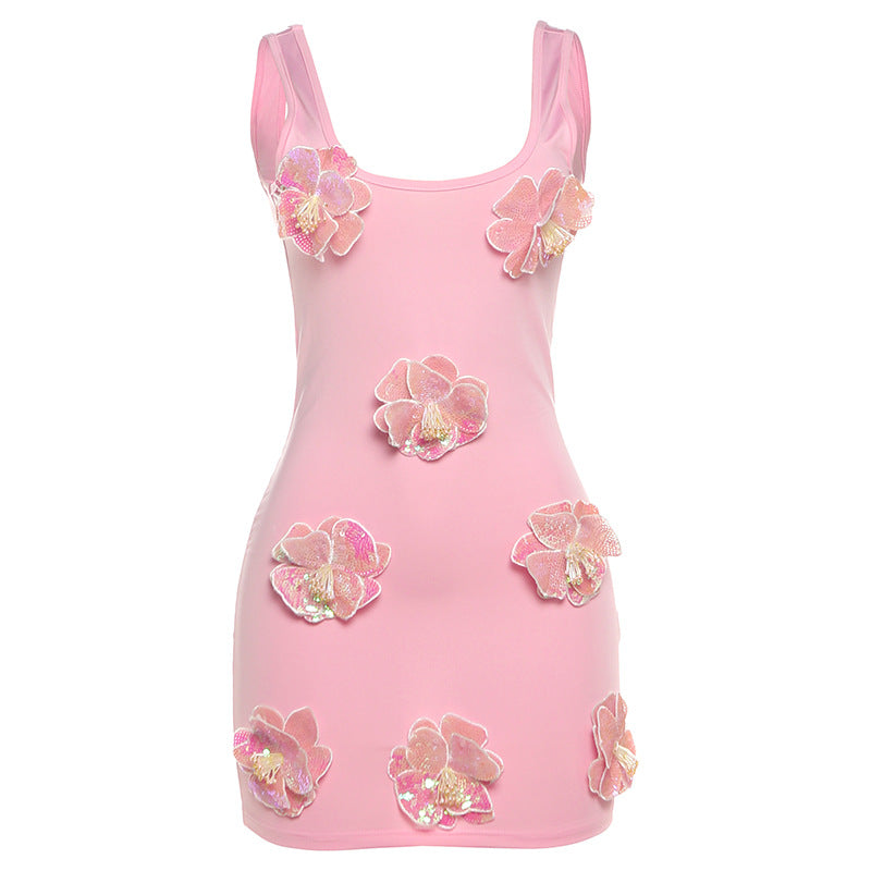 Sparkle & Bloom Pink Glitter Floral Mini Dress - Bodycon Party Glam for Fall Events