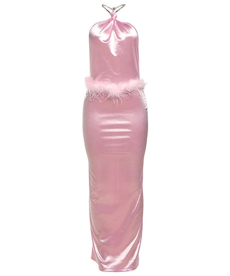Glamorous Pink Feather Trim Halter Maxi Dress - Your Go-To for Holiday Parties & Elegant Evenings