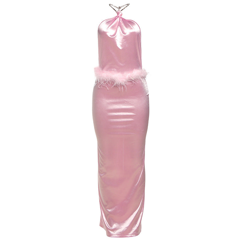 Glamorous Pink Feather Trim Halter Maxi Dress - Your Go-To for Holiday Parties & Elegant Evenings