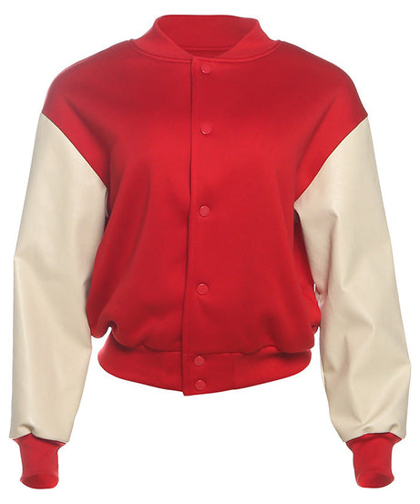 Women's Retro Varsity Bomber Jacket - Chic Red & Cream Fall Fashion Essential