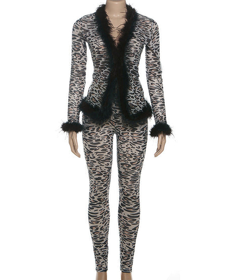 Fierce Leopard Print Mesh & Feather Two-Piece Set - Your Ultimate Halloween & Party Look