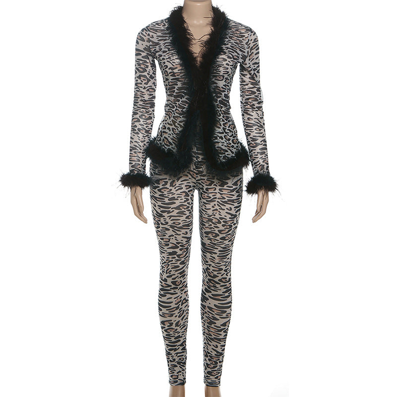 Fierce Leopard Print Mesh & Feather Two-Piece Set - Your Ultimate Halloween & Party Look