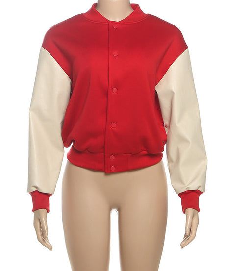 Women's Retro Varsity Bomber Jacket - Chic Red & Cream Fall Fashion Essential
