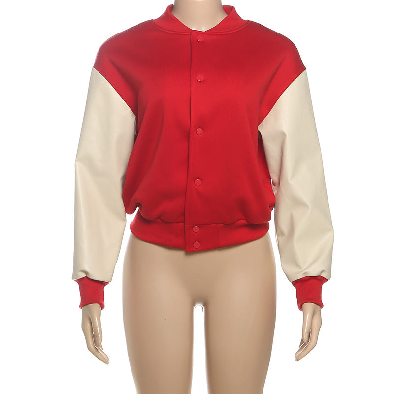 Women's Retro Varsity Bomber Jacket - Chic Red & Cream Fall Fashion Essential
