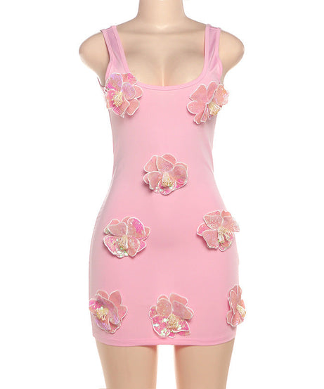 Sparkle & Bloom Pink Glitter Floral Mini Dress - Bodycon Party Glam for Fall Events