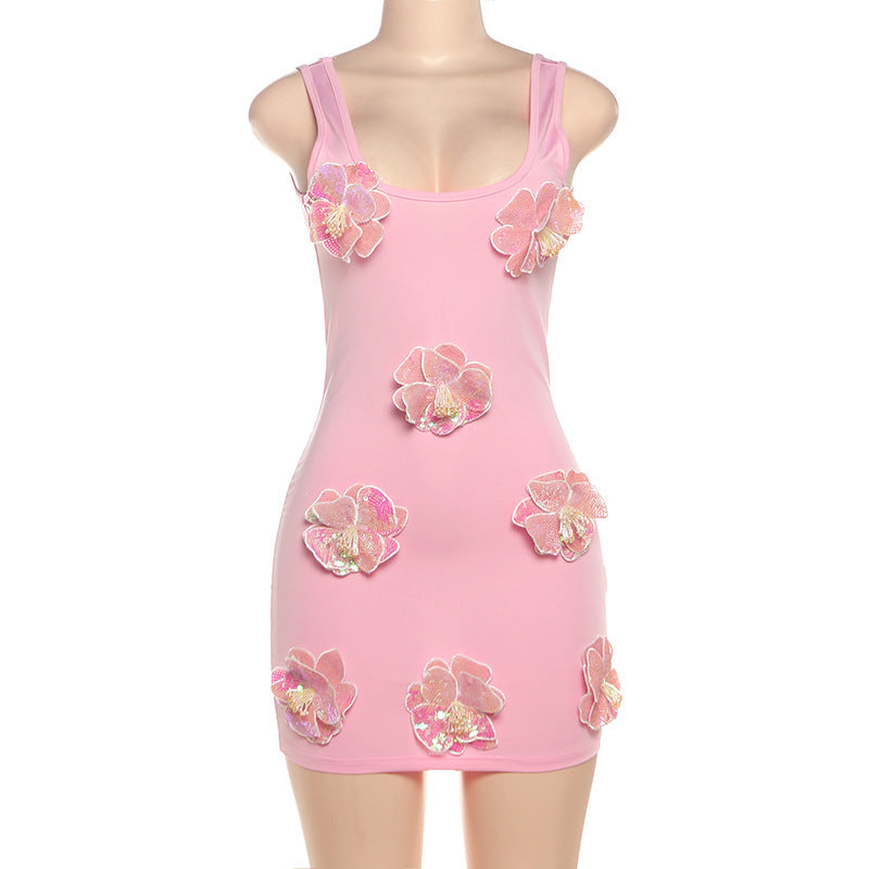 Sparkle & Bloom Pink Glitter Floral Mini Dress - Bodycon Party Glam for Fall Events