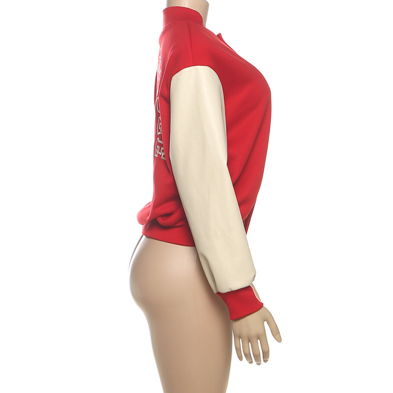 Women's Retro Varsity Bomber Jacket - Chic Red & Cream Fall Fashion Essential