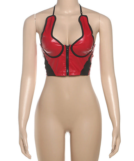 Red Hot Faux Leather Halter Crop Top - Zip-Up Edgy Party & Clubwear for Fall