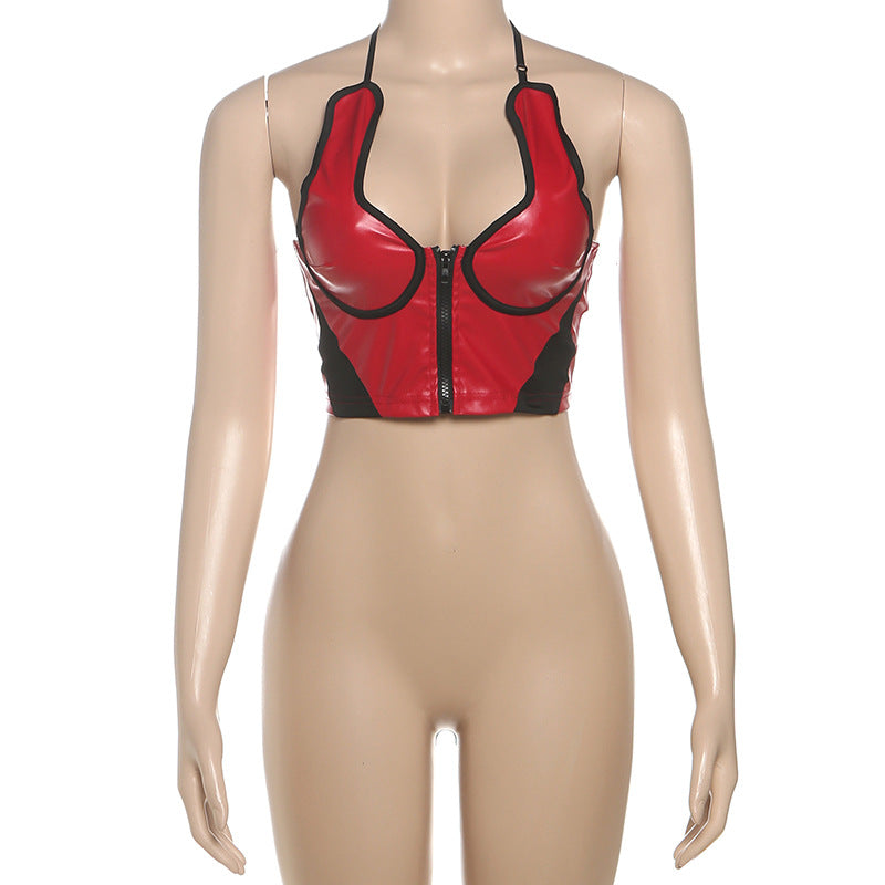 Red Hot Faux Leather Halter Crop Top - Zip-Up Edgy Party & Clubwear for Fall