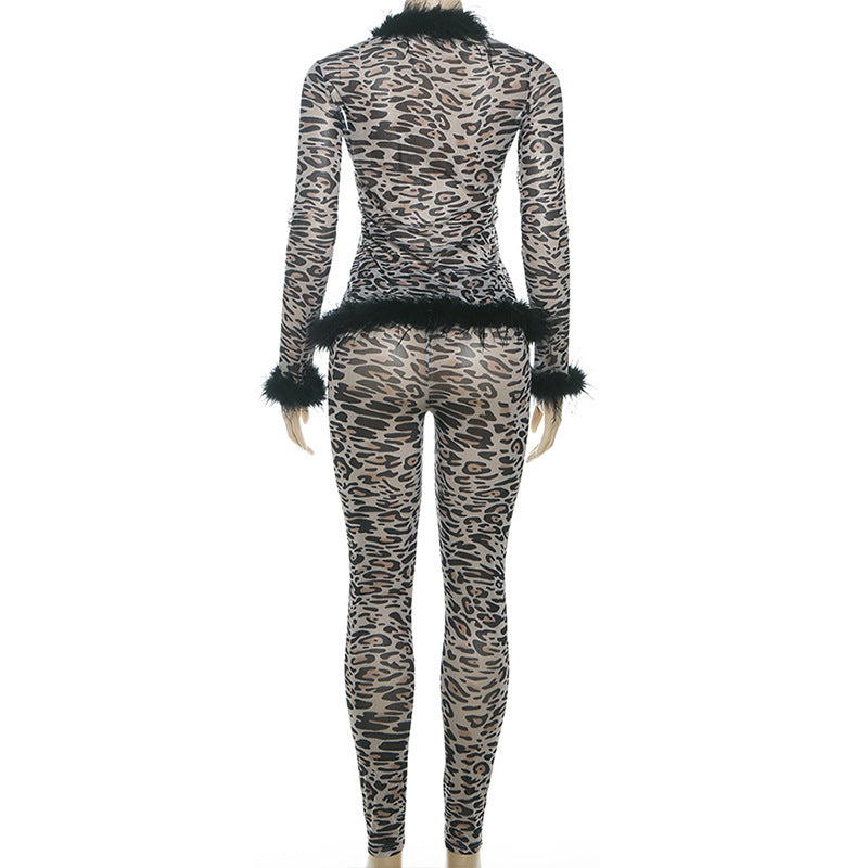Fierce Leopard Print Mesh & Feather Two-Piece Set - Your Ultimate Halloween & Party Look