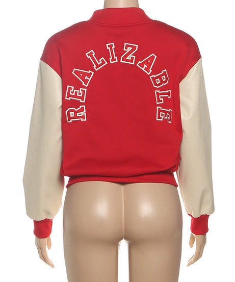 Women's Retro Varsity Bomber Jacket - Chic Red & Cream Fall Fashion Essential