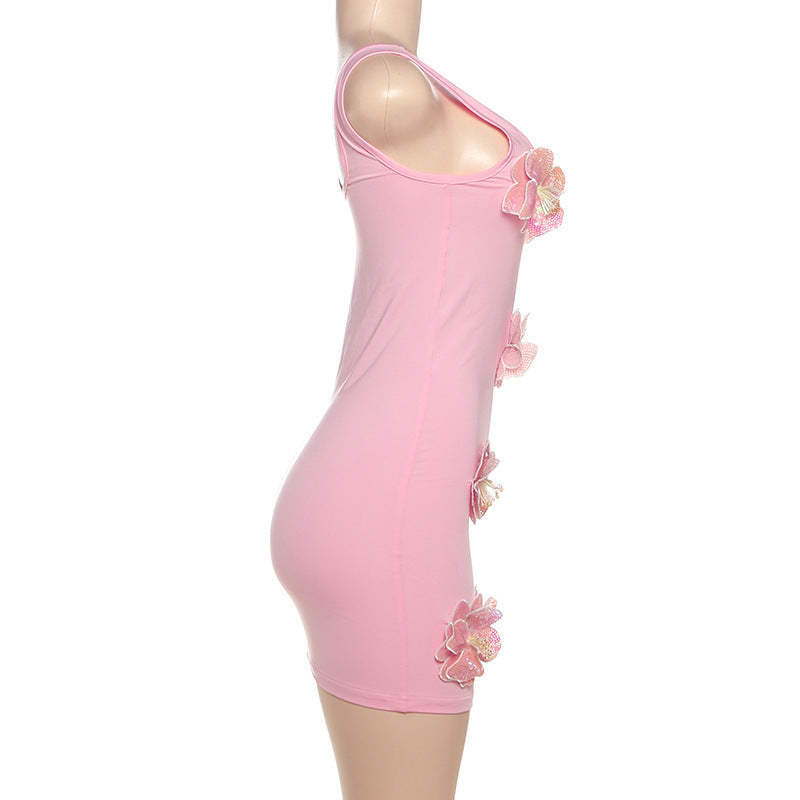 Sparkle & Bloom Pink Glitter Floral Mini Dress - Bodycon Party Glam for Fall Events