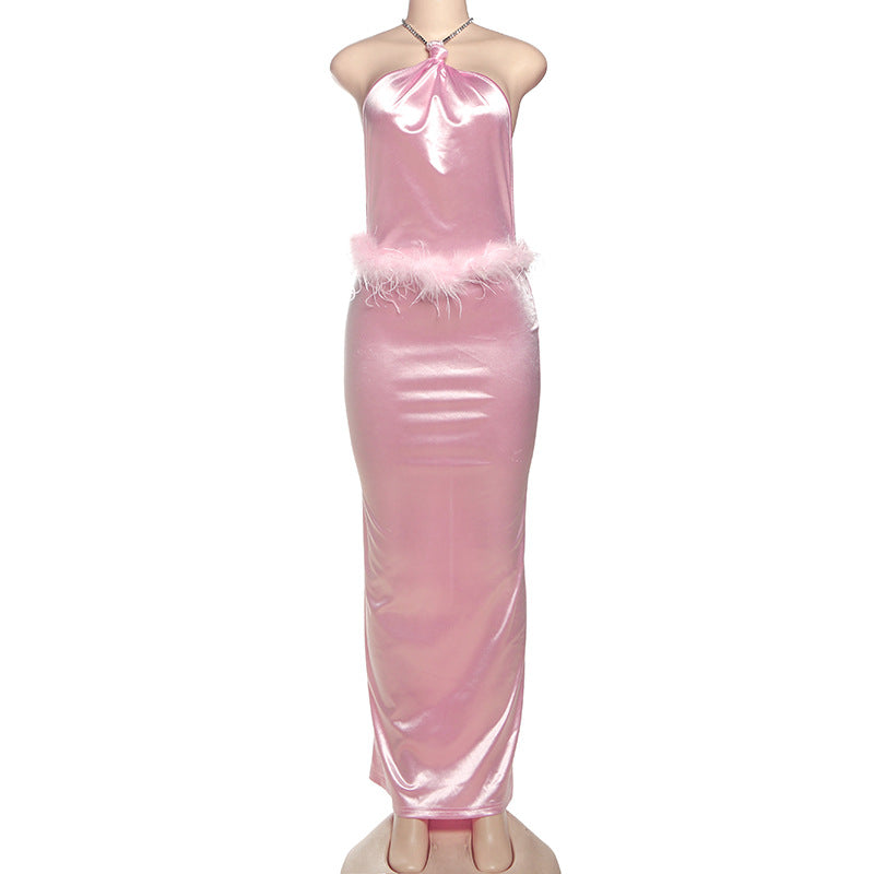 Glamorous Pink Feather Trim Halter Maxi Dress - Your Go-To for Holiday Parties & Elegant Evenings