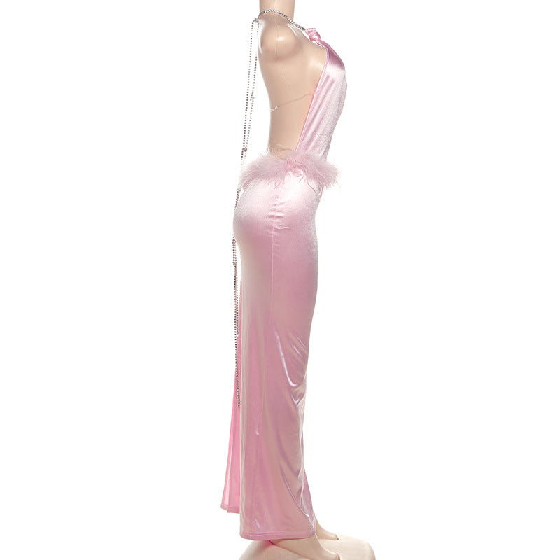 Glamorous Pink Feather Trim Halter Maxi Dress - Your Go-To for Holiday Parties & Elegant Evenings