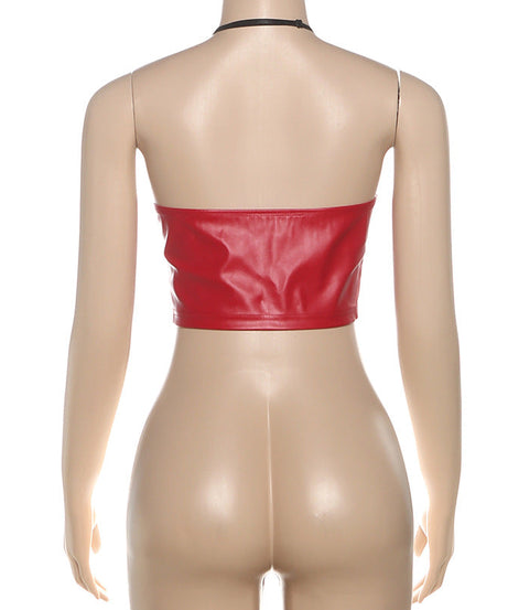 Red Hot Faux Leather Halter Crop Top - Zip-Up Edgy Party & Clubwear for Fall