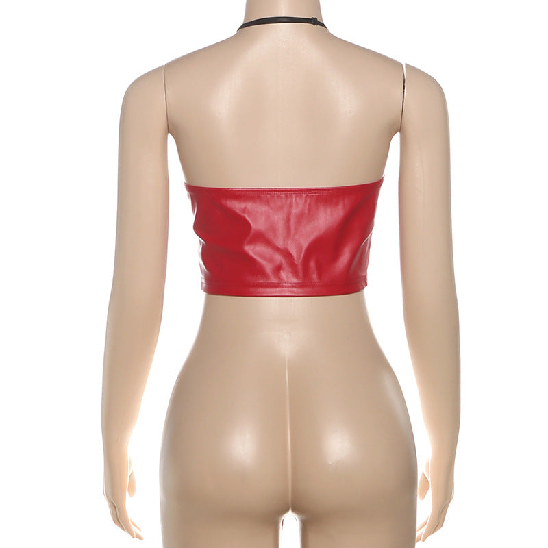Red Hot Faux Leather Halter Crop Top - Zip-Up Edgy Party & Clubwear for Fall
