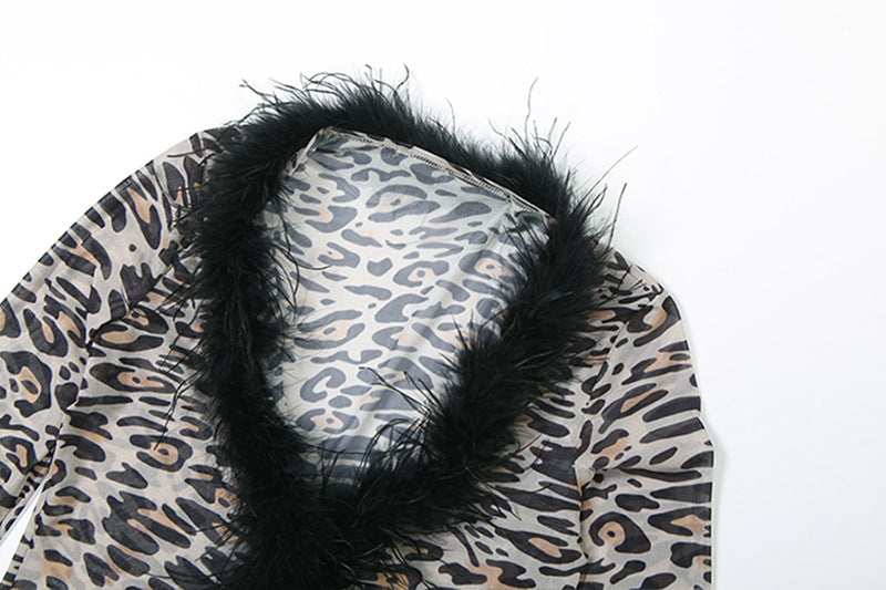 Fierce Leopard Print Mesh & Feather Two-Piece Set - Your Ultimate Halloween & Party Look