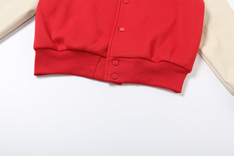 Women's Retro Varsity Bomber Jacket - Chic Red & Cream Fall Fashion Essential