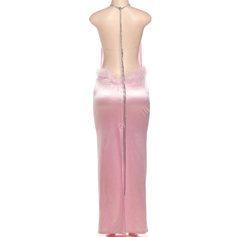 Glamorous Pink Feather Trim Halter Maxi Dress - Your Go-To for Holiday Parties & Elegant Evenings