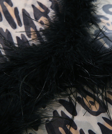 Fierce Leopard Print Mesh & Feather Two-Piece Set - Your Ultimate Halloween & Party Look