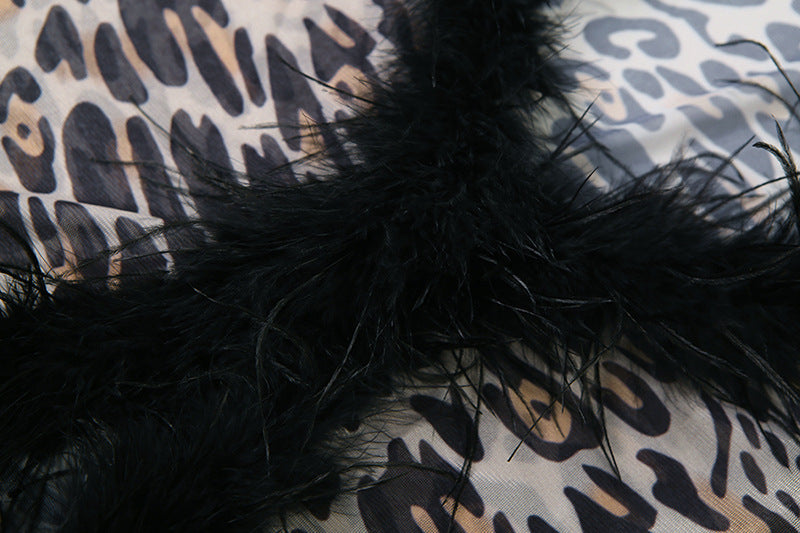 Fierce Leopard Print Mesh & Feather Two-Piece Set - Your Ultimate Halloween & Party Look